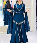 Teal-blue silk blend embroidered palazzo set