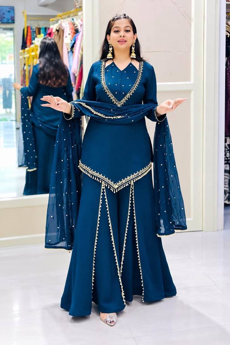 Teal-blue silk blend embroidered palazzo set
