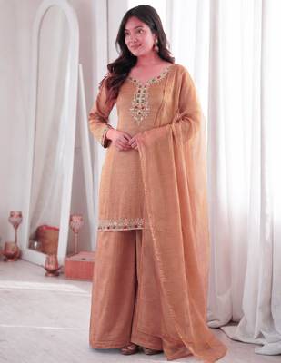 Brown silk blend embroidered palazzo set 1