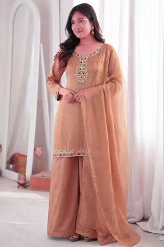 Brown silk blend embroidered palazzo set