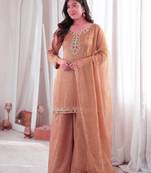 Brown silk blend embroidered palazzo set