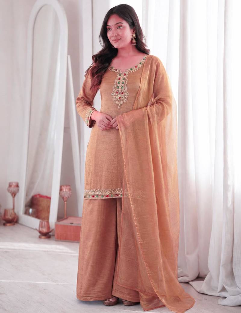 Brown silk blend embroidered palazzo set