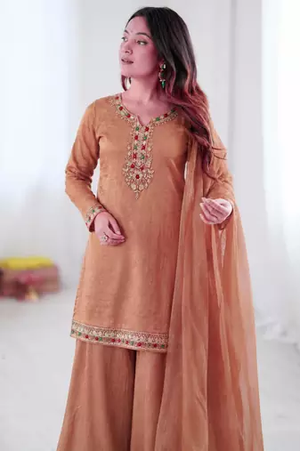 Brown silk blend embroidered palazzo set