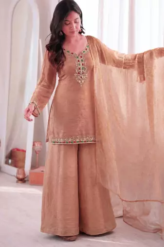 Brown silk blend embroidered palazzo set