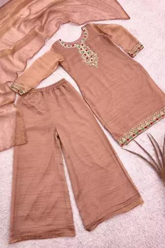 Brown silk blend embroidered palazzo set