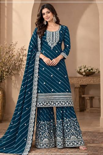 Teal leriya pattern georgette semi stitched suits