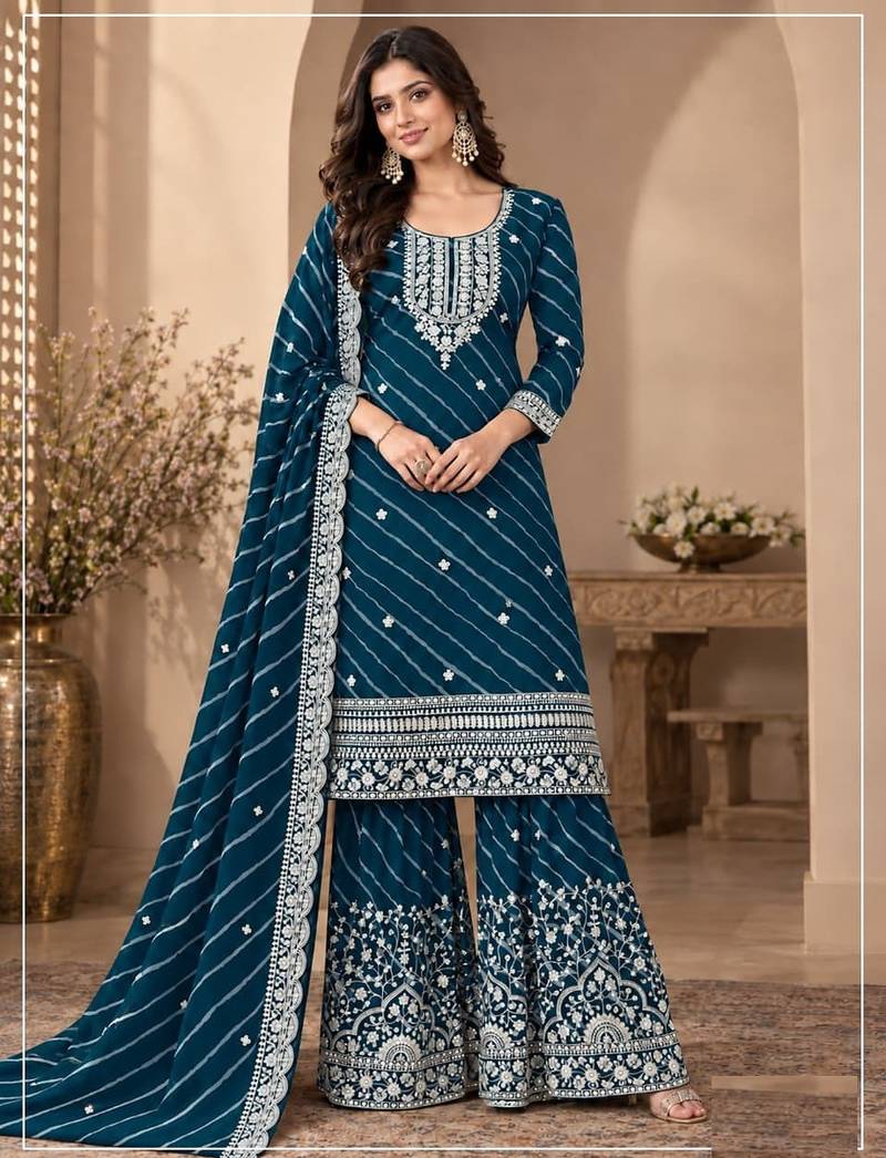 Teal leriya pattern georgette semi stitched suits