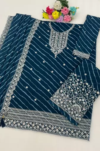 Teal leriya pattern georgette semi stitched suits