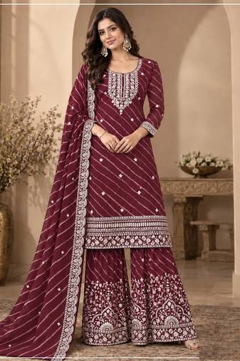 Maroon leriya pattern georgette semi stitched suits