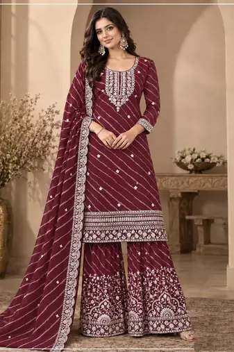 Maroon leriya pattern georgette semi stitched suits