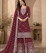 Maroon leriya pattern georgette semi stitched suits