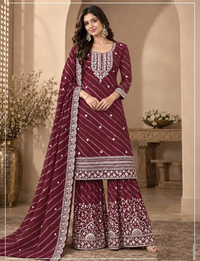 Maroon leriya pattern georgette semi stitched suits