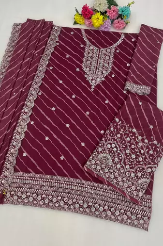 Maroon leriya pattern georgette semi stitched suits