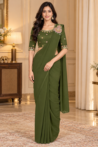 Women   s Georgette Embroidered  Patch Ready to Wear Saree with Designer Stitched Embroidered 3/4 Sleeve Blouse 