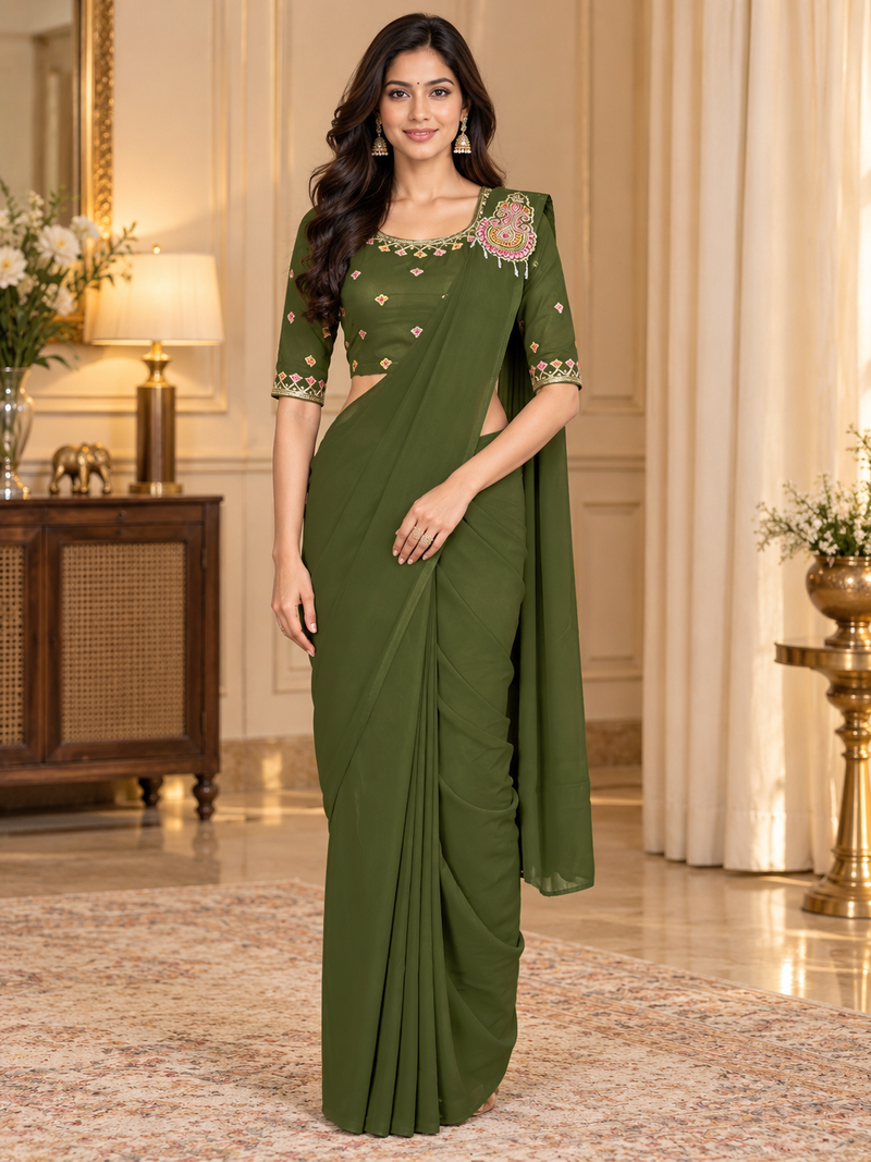Women   s Georgette Embroidered  Patch Ready to Wear Saree with Designer Stitched Embroidered 3/4 Sleeve Blouse 