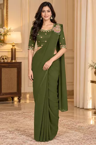Women   s Georgette Embroidered  Patch Ready to Wear Saree with Designer Stitched Embroidered 3/4 Sleeve Blouse 