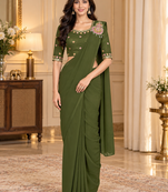 Women   s Georgette Embroidered  Patch Ready to Wear Saree with Designer Stitched Embroidered 3/4 Sleeve Blouse 