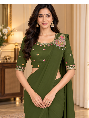 Women   s Georgette Embroidered  Patch Ready to Wear Saree with Designer Stitched Embroidered 3/4 Sleeve Blouse  2