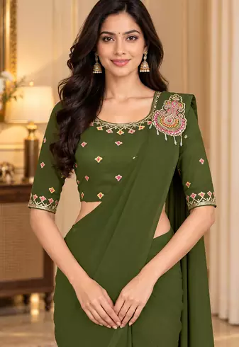 Women   s Georgette Embroidered  Patch Ready to Wear Saree with Designer Stitched Embroidered 3/4 Sleeve Blouse 