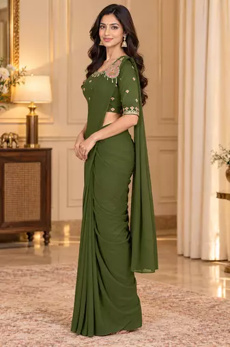 Women   s Georgette Embroidered  Patch Ready to Wear Saree with Designer Stitched Embroidered 3/4 Sleeve Blouse 