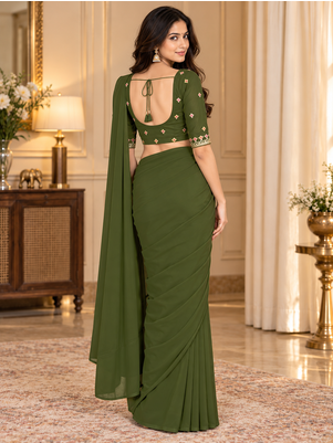 Women   s Georgette Embroidered  Patch Ready to Wear Saree with Designer Stitched Embroidered 3/4 Sleeve Blouse  5