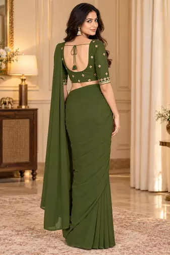 Women   s Georgette Embroidered  Patch Ready to Wear Saree with Designer Stitched Embroidered 3/4 Sleeve Blouse 