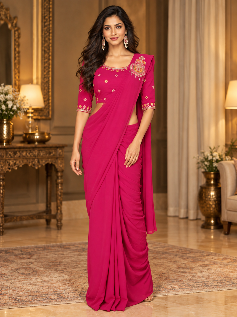 Women   s Georgette Embroidered  Patch Ready to Wear Saree with Designer Stitched Embroidered 3/4 Sleeve Blouse 
