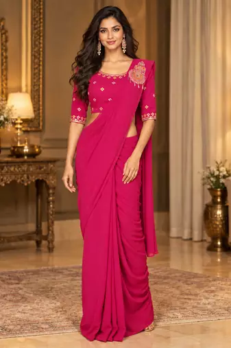 Women   s Georgette Embroidered  Patch Ready to Wear Saree with Designer Stitched Embroidered 3/4 Sleeve Blouse 