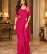 Women   s Georgette Embroidered  Patch Ready to Wear Saree with Designer Stitched Embroidered 3/4 Sleeve Blouse 