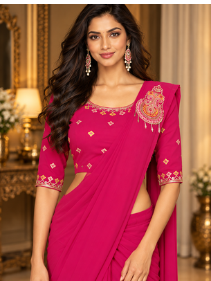 Women   s Georgette Embroidered  Patch Ready to Wear Saree with Designer Stitched Embroidered 3/4 Sleeve Blouse  2