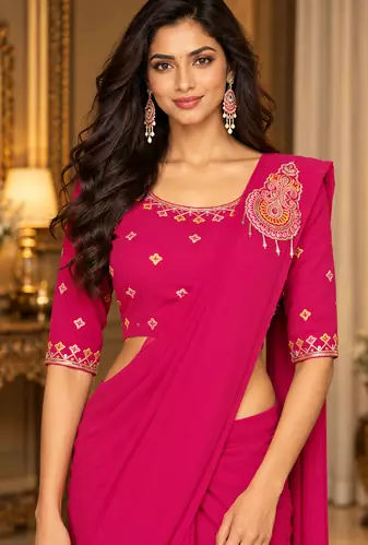 Women   s Georgette Embroidered  Patch Ready to Wear Saree with Designer Stitched Embroidered 3/4 Sleeve Blouse 