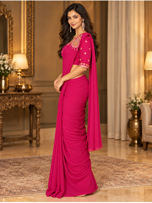 Women   s Georgette Embroidered  Patch Ready to Wear Saree with Designer Stitched Embroidered 3/4 Sleeve Blouse  3