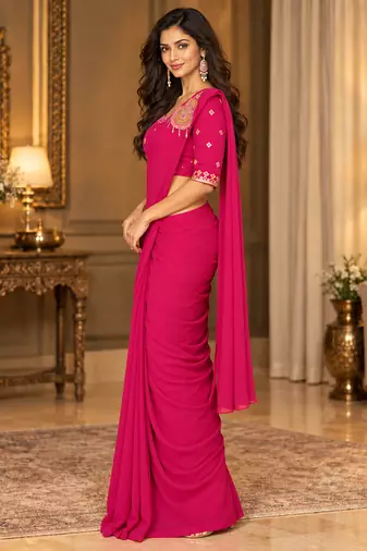 Women   s Georgette Embroidered  Patch Ready to Wear Saree with Designer Stitched Embroidered 3/4 Sleeve Blouse 