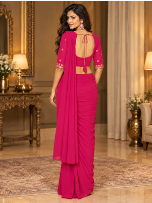 Women   s Georgette Embroidered  Patch Ready to Wear Saree with Designer Stitched Embroidered 3/4 Sleeve Blouse  5