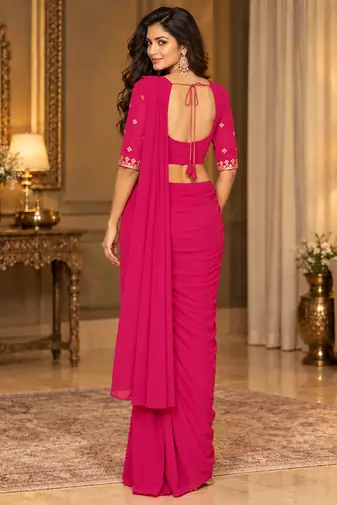 Women   s Georgette Embroidered  Patch Ready to Wear Saree with Designer Stitched Embroidered 3/4 Sleeve Blouse 