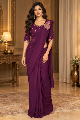 Women   s Georgette Embroidered  Patch Ready to Wear Saree with Designer Stitched Embroidered 3/4 Sleeve Blouse