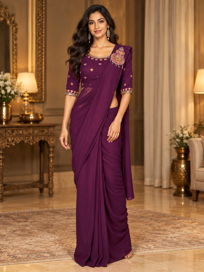 Women   s Georgette Embroidered  Patch Ready to Wear Saree with Designer Stitched Embroidered 3/4 Sleeve Blouse