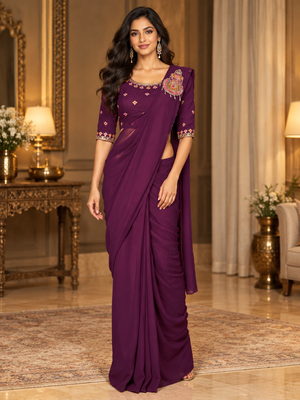 Women   s Georgette Embroidered  Patch Ready to Wear Saree with Designer Stitched Embroidered 3/4 Sleeve Blouse 1