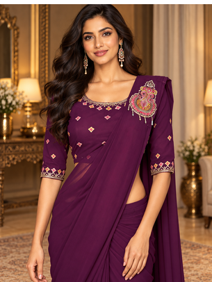 Women   s Georgette Embroidered  Patch Ready to Wear Saree with Designer Stitched Embroidered 3/4 Sleeve Blouse 2