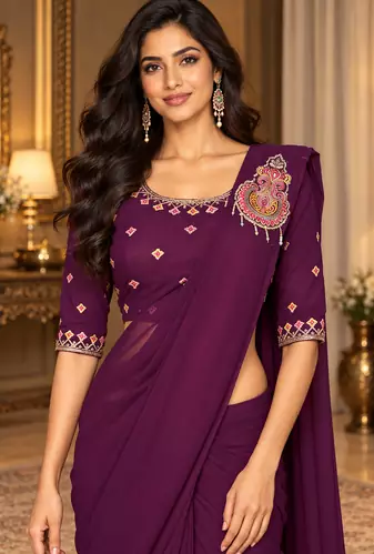 Women   s Georgette Embroidered  Patch Ready to Wear Saree with Designer Stitched Embroidered 3/4 Sleeve Blouse