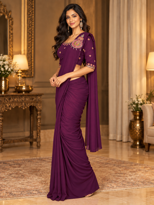 Women   s Georgette Embroidered  Patch Ready to Wear Saree with Designer Stitched Embroidered 3/4 Sleeve Blouse 3