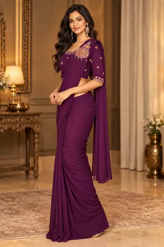 Women   s Georgette Embroidered  Patch Ready to Wear Saree with Designer Stitched Embroidered 3/4 Sleeve Blouse