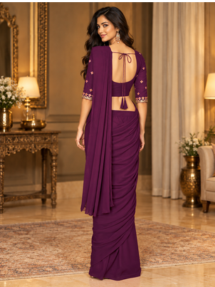 Women   s Georgette Embroidered  Patch Ready to Wear Saree with Designer Stitched Embroidered 3/4 Sleeve Blouse 5