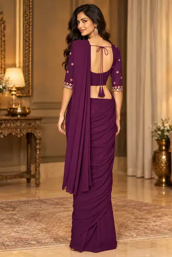 Women   s Georgette Embroidered  Patch Ready to Wear Saree with Designer Stitched Embroidered 3/4 Sleeve Blouse