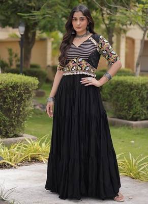 Navratri special rayon gown with kutchi gamthi embroidery & mirror work | 38   44 inch adjustable 1