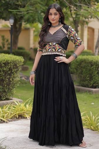 Navratri special rayon gown with kutchi gamthi embroidery & mirror work | 38–44 inch adjustable