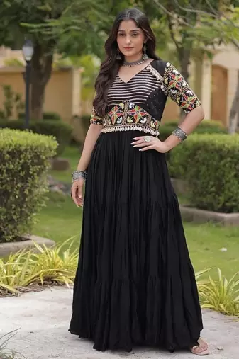 Navratri special rayon gown with kutchi gamthi embroidery & mirror work | 38–44 inch adjustable