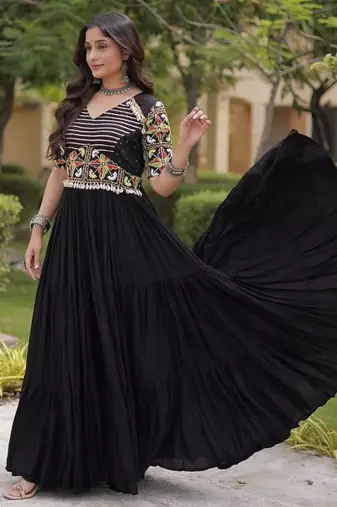 Navratri special rayon gown with kutchi gamthi embroidery & mirror work | 38–44 inch adjustable
