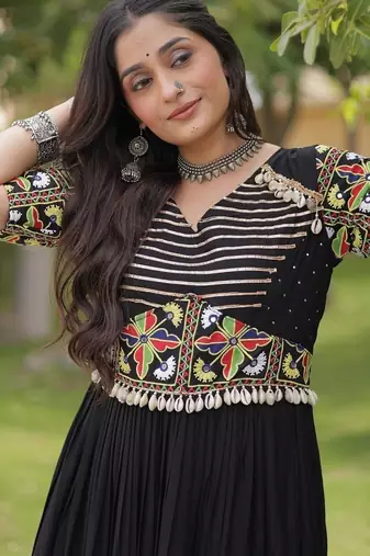 Navratri special rayon gown with kutchi gamthi embroidery & mirror work | 38–44 inch adjustable