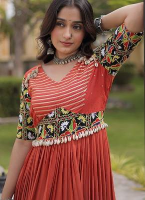 Navratri special rayon gown with kutchi gamthi embroidery & mirror work | 38   44 inch adjustable 4